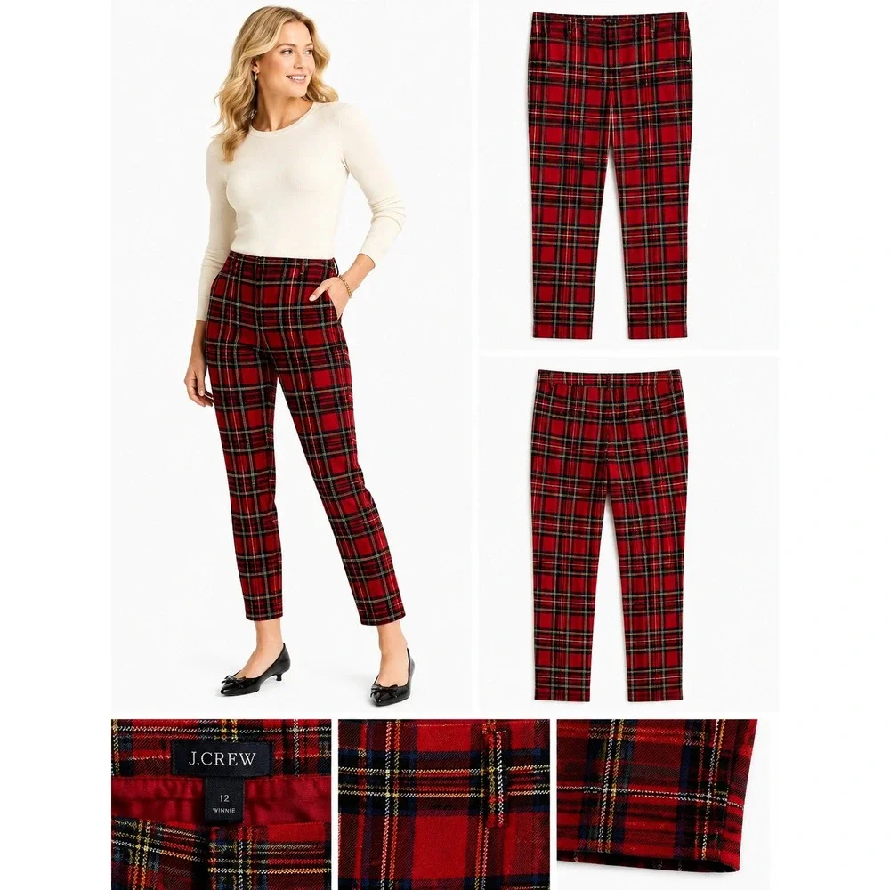 J.Crew Pants 12 Red Winnie Pant Stewart Tartan Plaid Slim Festive Holiday